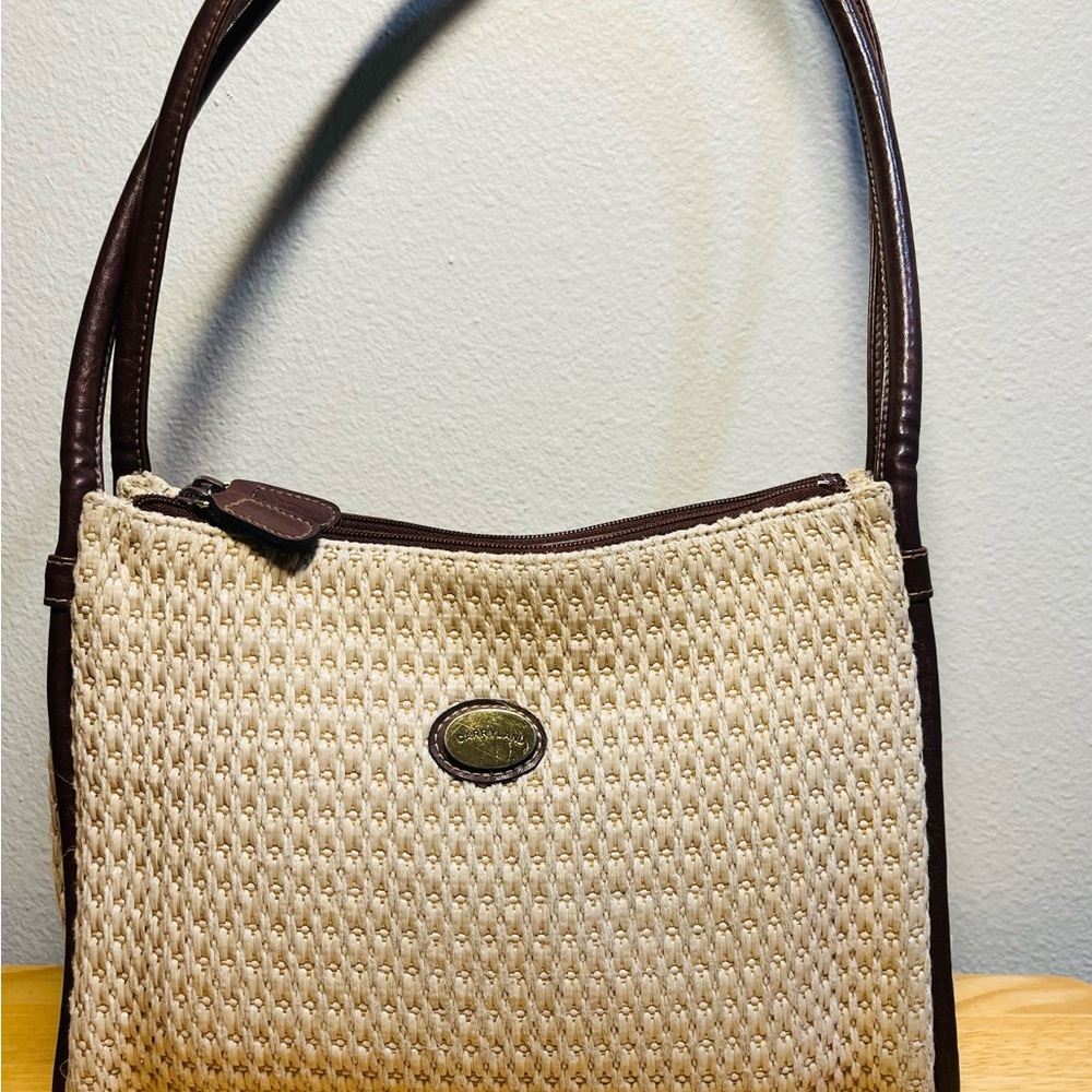 Vintage Carryland Straw Woven Shoulder Bag Cream and Brown Double Handles Classy